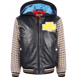 NYC Patch Logo Leather Bomber Jacket in Navy and Beige