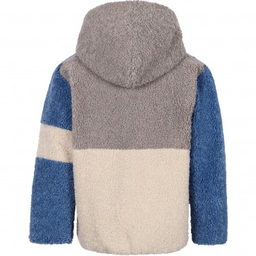 Patchwork Teddy Half-Zip Jacket in Blue, Grey and White