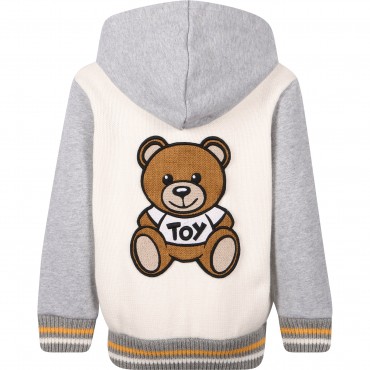 Teddy Logo Knit and Jersey Hooded Jacket in White and Grey