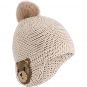 Mink Pom Pom Cashmere Winter Cap with Ear Flaps in Beige