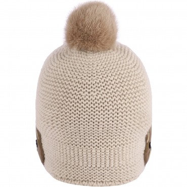 Mink Pom Pom Cashmere Winter Cap with Ear Flaps in Beige