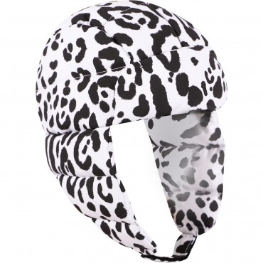 Leopard Print Padded Logo Ear Flaps Cap in White and Black