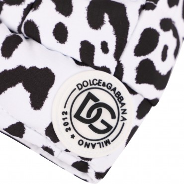 Leopard Print Padded Logo Ear Flaps Cap in White and Black