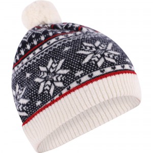 Cashmere Winter Beanie with Pom Pom in Navy and White