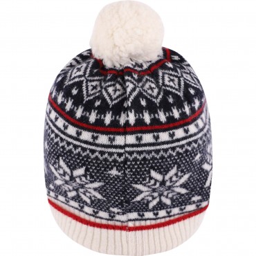 Cashmere Winter Beanie with Pom Pom in Navy and White